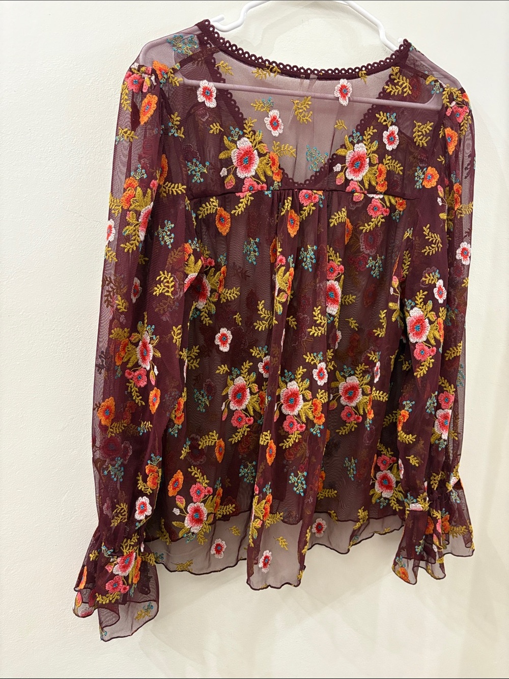 Feather and bone -Anthropologie -Sheer Floral Embroidered V-Neck Top in Burgundy - Picture 5 of 5